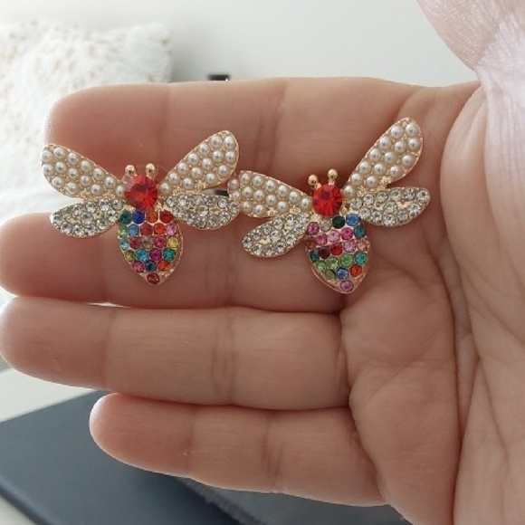 Colorful Bee Earrings with Rhinestones - Picture 1 of 2